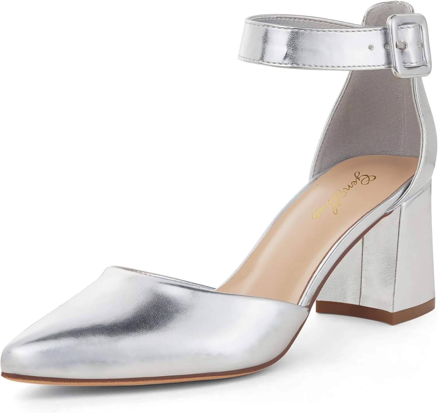 GENSHUO Women's Closed Toe Low Block Chunky Heels Pointed Toe 2 Inch Pumps with Ankle Strap Comfortable Dress Shoes for Daily Work Wedding Party