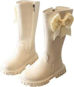 Girls Fleece Lined Winter Leather Non-Slip Snow Boots Side Zipper Knee High Boot Bowknot Chunky Heel Boot