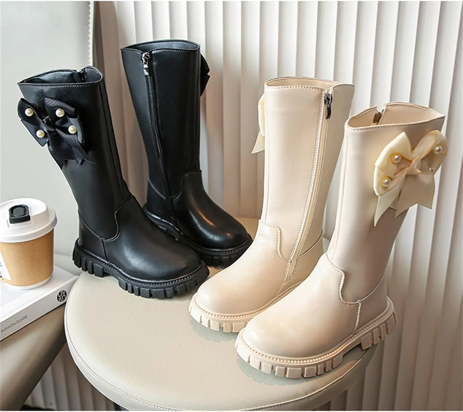 Girls Fleece Lined Winter Leather Non-Slip Snow Boots Side Zipper Knee High Boot Bowknot Chunky Heel Boot