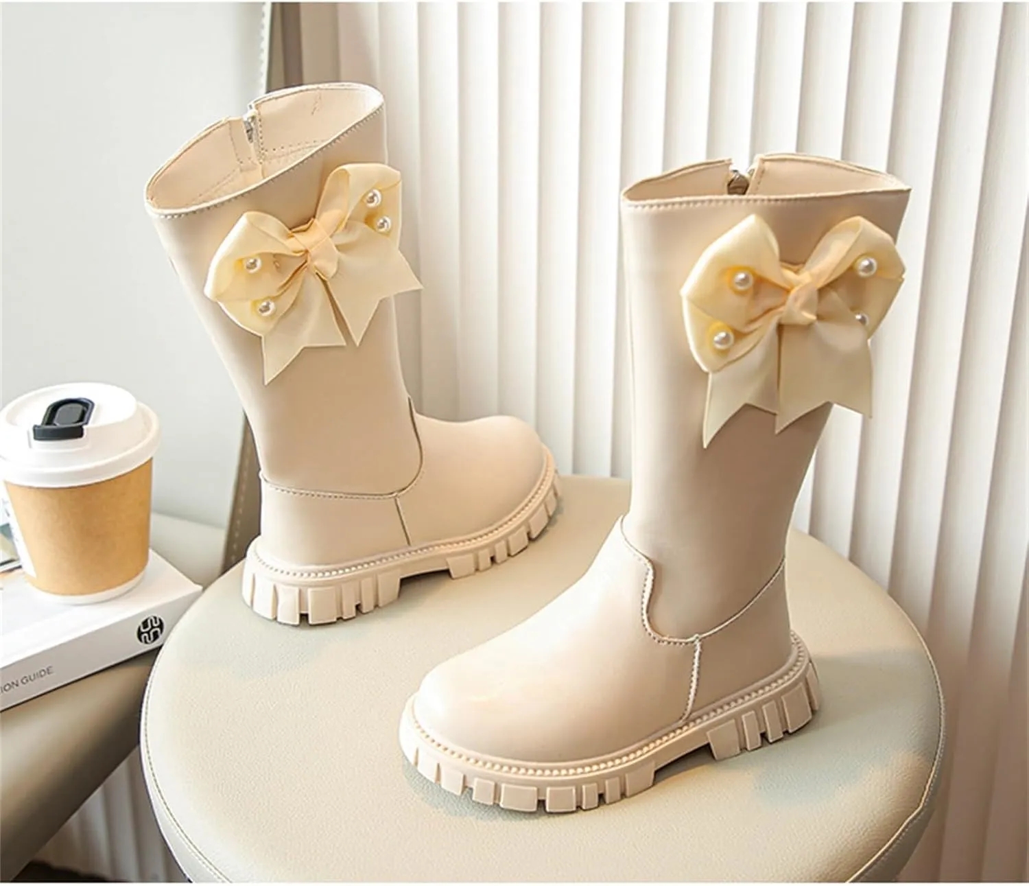Girls Fleece Lined Winter Leather Non-Slip Snow Boots Side Zipper Knee High Boot Bowknot Chunky Heel Boot