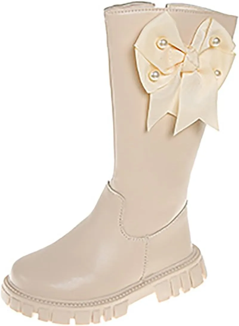 Girls Fleece Lined Winter Leather Non-Slip Snow Boots Side Zipper Knee High Boot Bowknot Chunky Heel Boot
