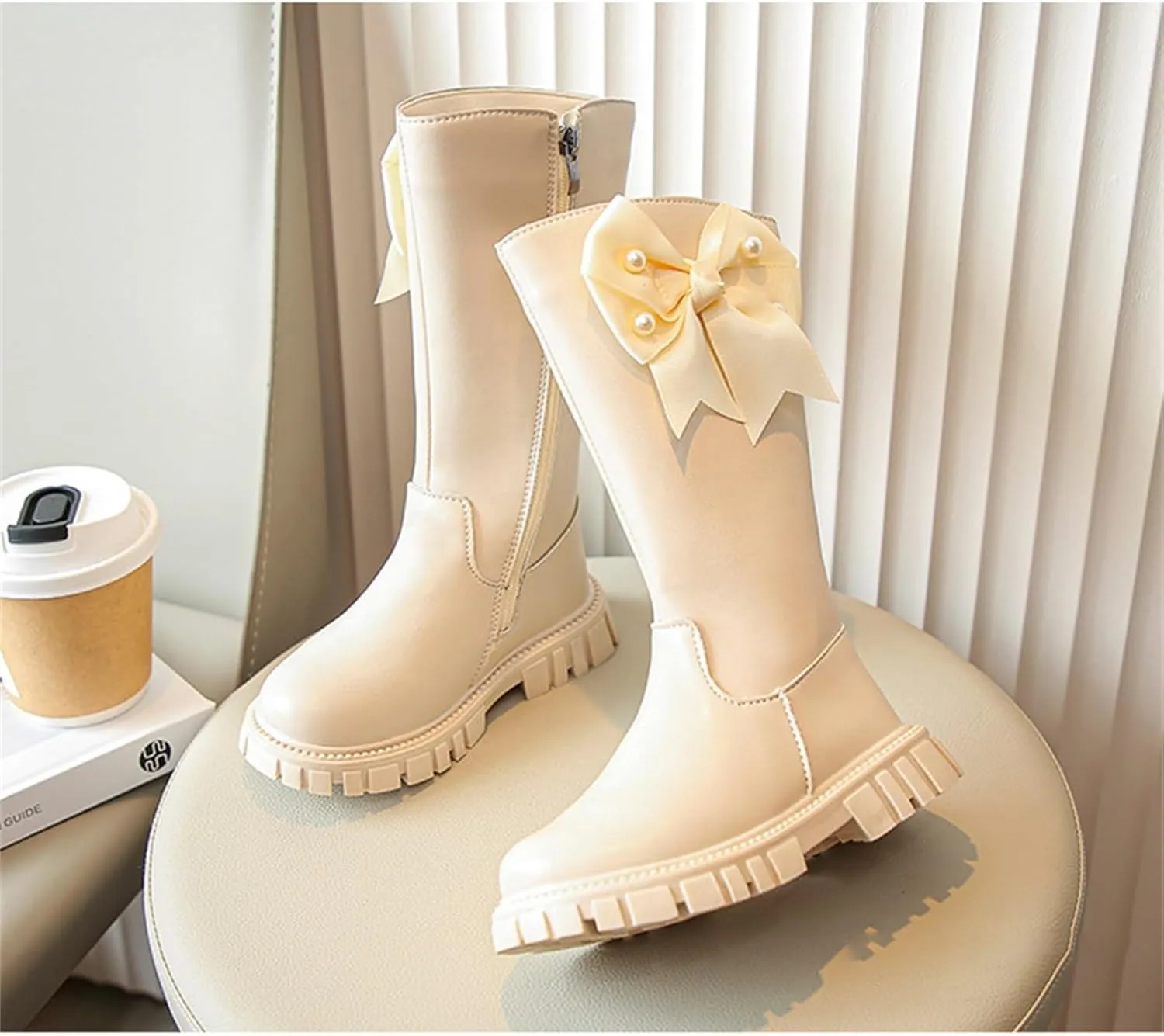 Girls Fleece Lined Winter Leather Non-Slip Snow Boots Side Zipper Knee High Boot Bowknot Chunky Heel Boot