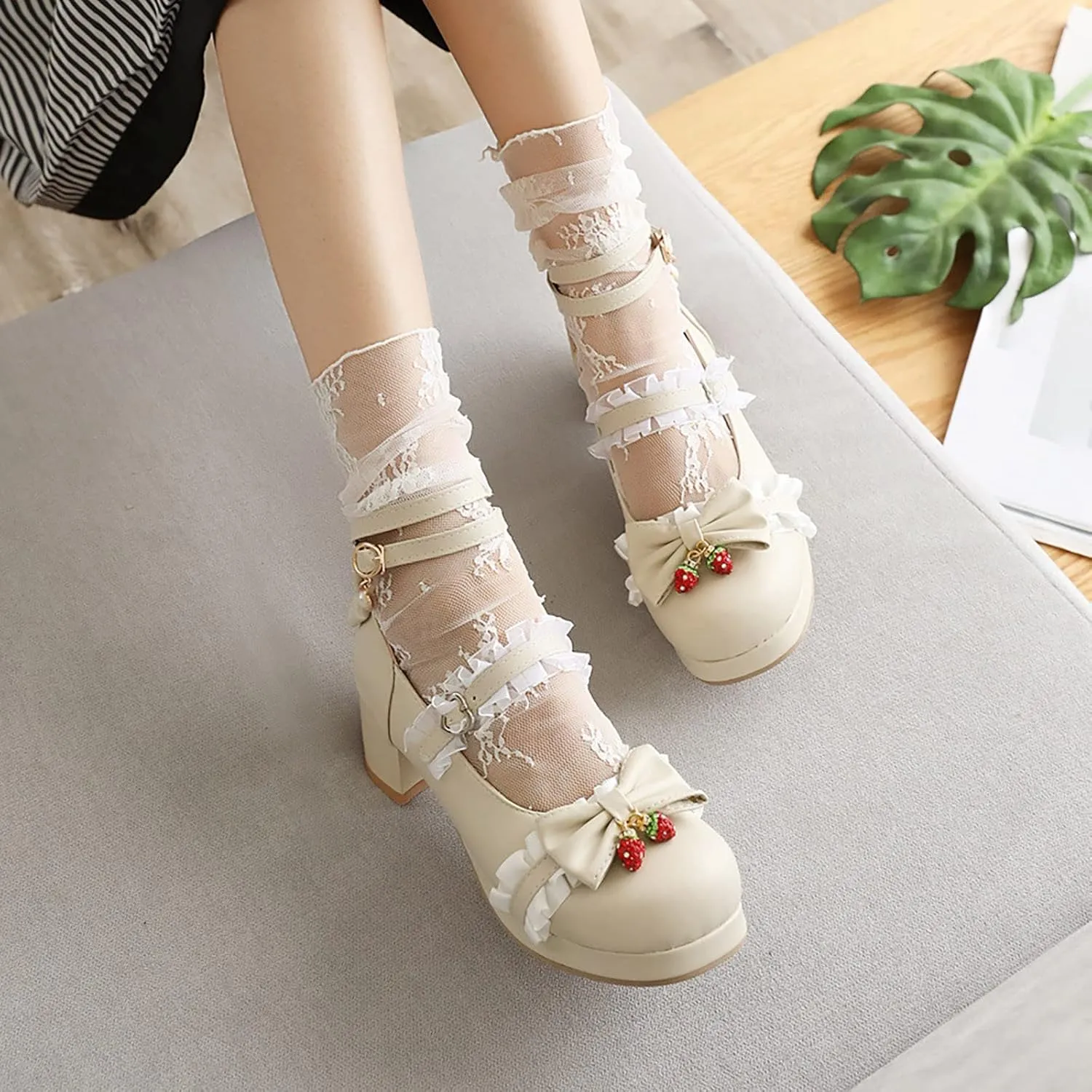 Girls Mary Jane Princess Dress Shoes Bowknot High Heel Adjustable Ruffle Pearl Ankle Strap Cute Sweet Shoes