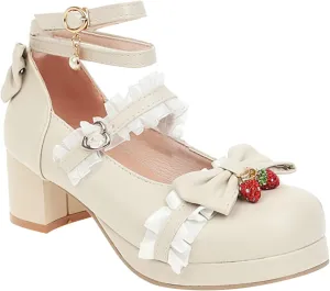 Girls Mary Jane Princess Dress Shoes Bowknot High Heel Adjustable Ruffle Pearl Ankle Strap Cute Sweet Shoes
