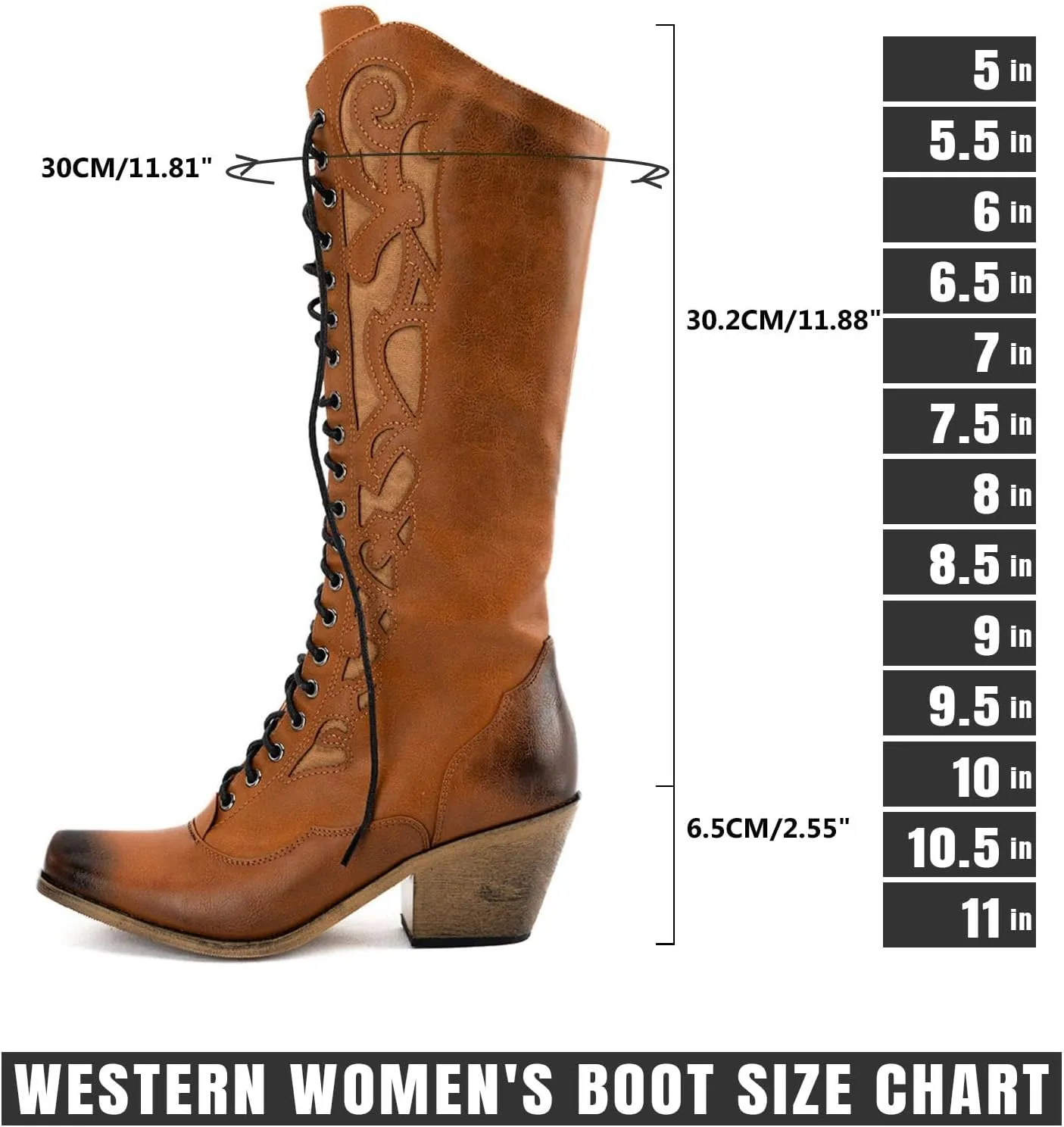 GORBINETI Women Cowboy Boots Lace up Mid Calf Cowgirl Boots Chunky Heel Western Riding Retro Knee High Boots Snip Toe Cowboy Boots