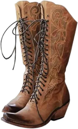 GORBINETI Women Cowboy Boots Lace up Mid Calf Cowgirl Boots Chunky Heel Western Riding Retro Knee High Boots Snip Toe Cowboy Boots