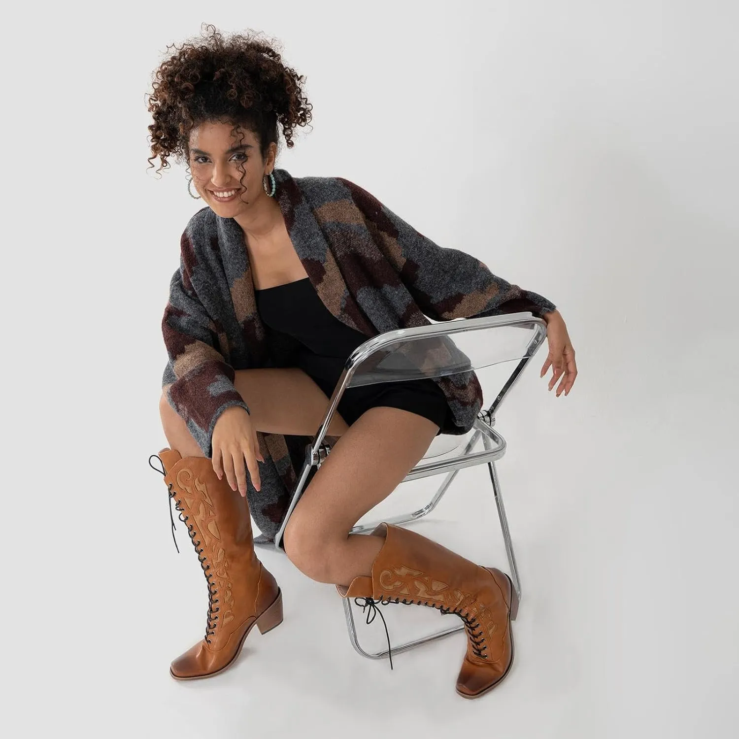 GORBINETI Women Cowboy Boots Lace up Mid Calf Cowgirl Boots Chunky Heel Western Riding Retro Knee High Boots Snip Toe Cowboy Boots