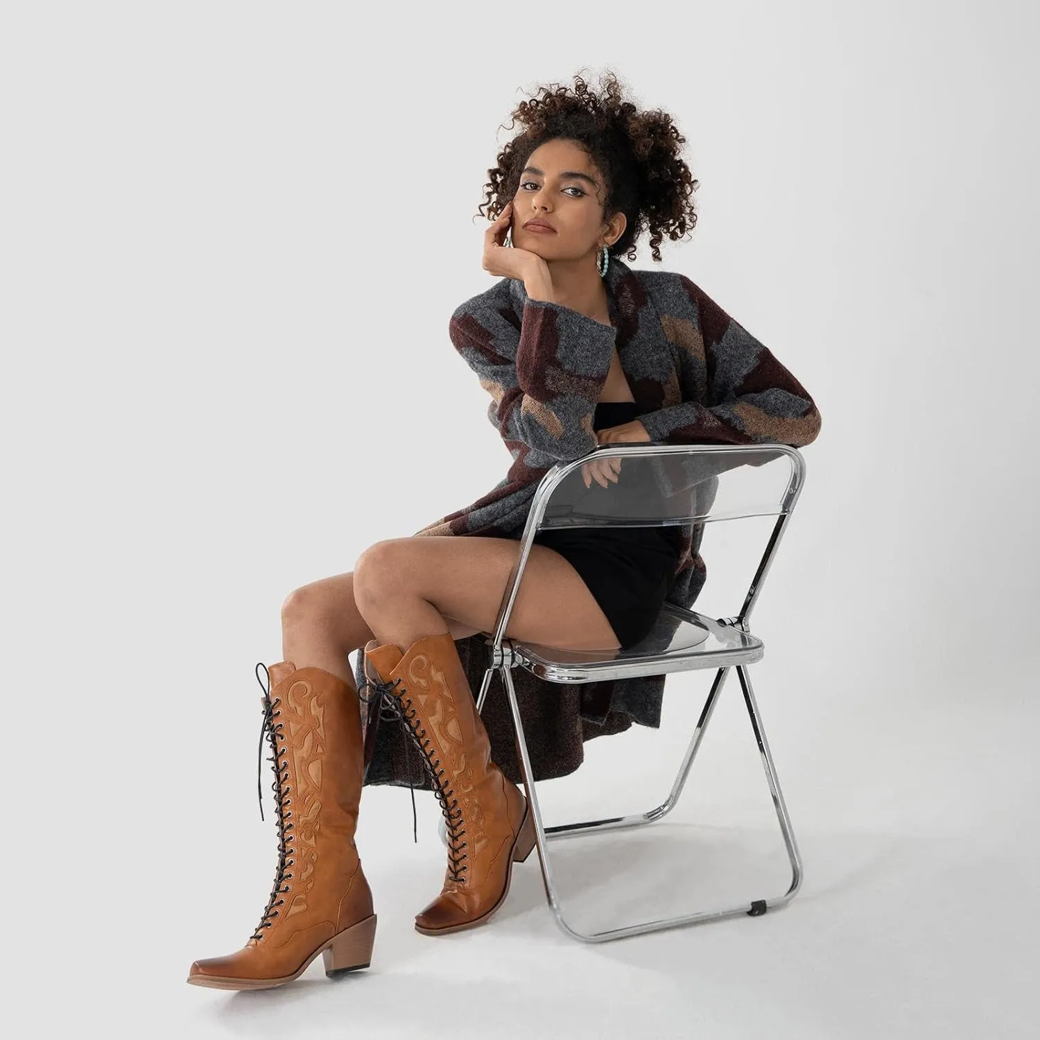 GORBINETI Women Cowboy Boots Lace up Mid Calf Cowgirl Boots Chunky Heel Western Riding Retro Knee High Boots Snip Toe Cowboy Boots