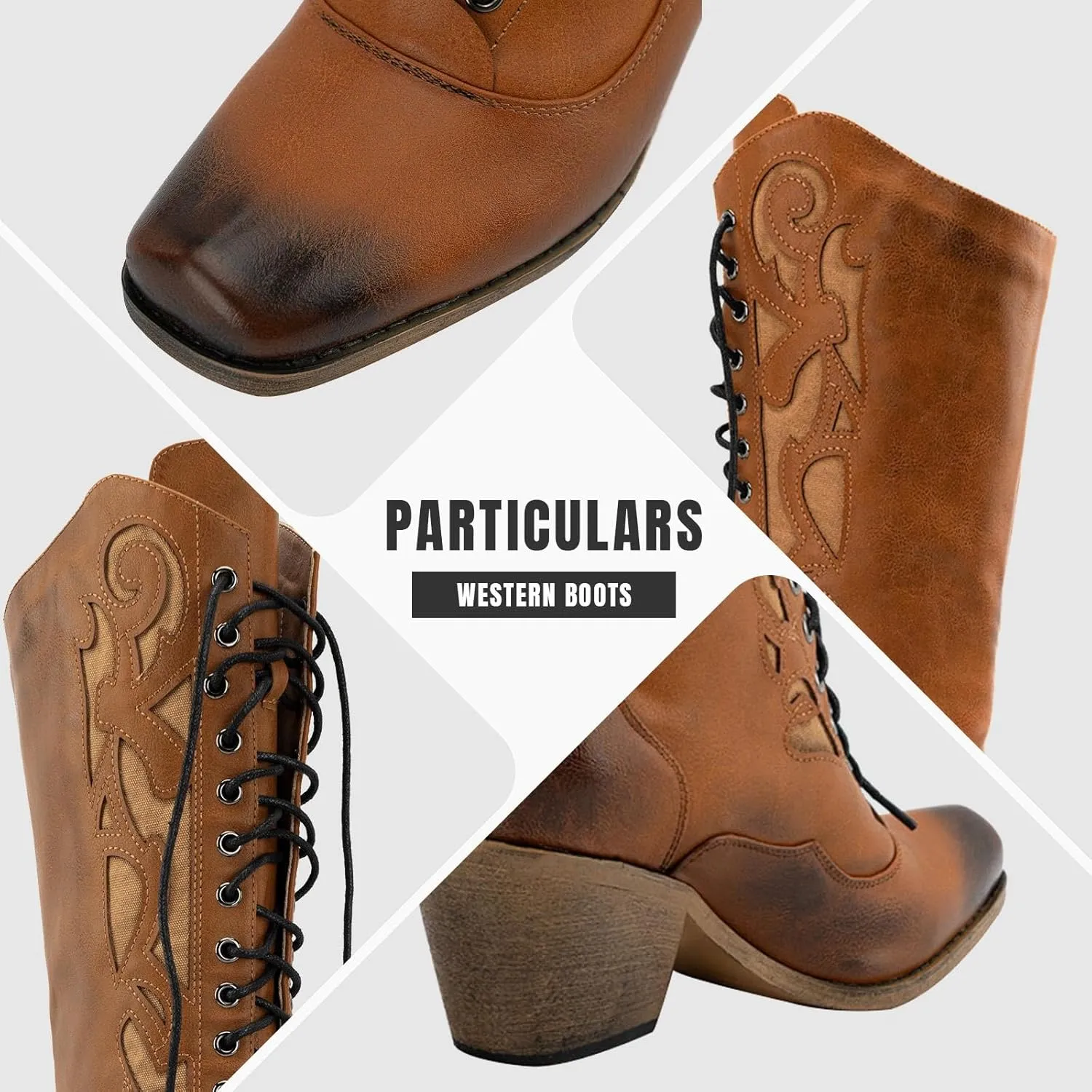 GORBINETI Women Cowboy Boots Lace up Mid Calf Cowgirl Boots Chunky Heel Western Riding Retro Knee High Boots Snip Toe Cowboy Boots