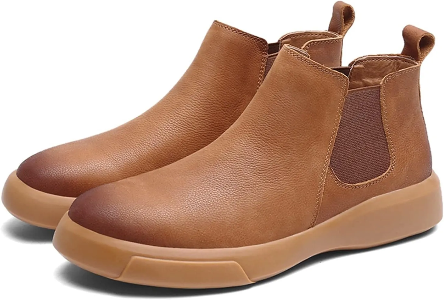 HOOENG Ankle Boots for Men Burnished Toe Elastic Bandage Cowhide Leather Non Slip Anti-Slip Wearable Waterproof Slip on Dress Formal