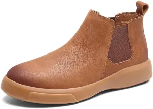 HOOENG Ankle Boots for Men Burnished Toe Elastic Bandage Cowhide Leather Non Slip Anti-Slip Wearable Waterproof Slip on Dress Formal