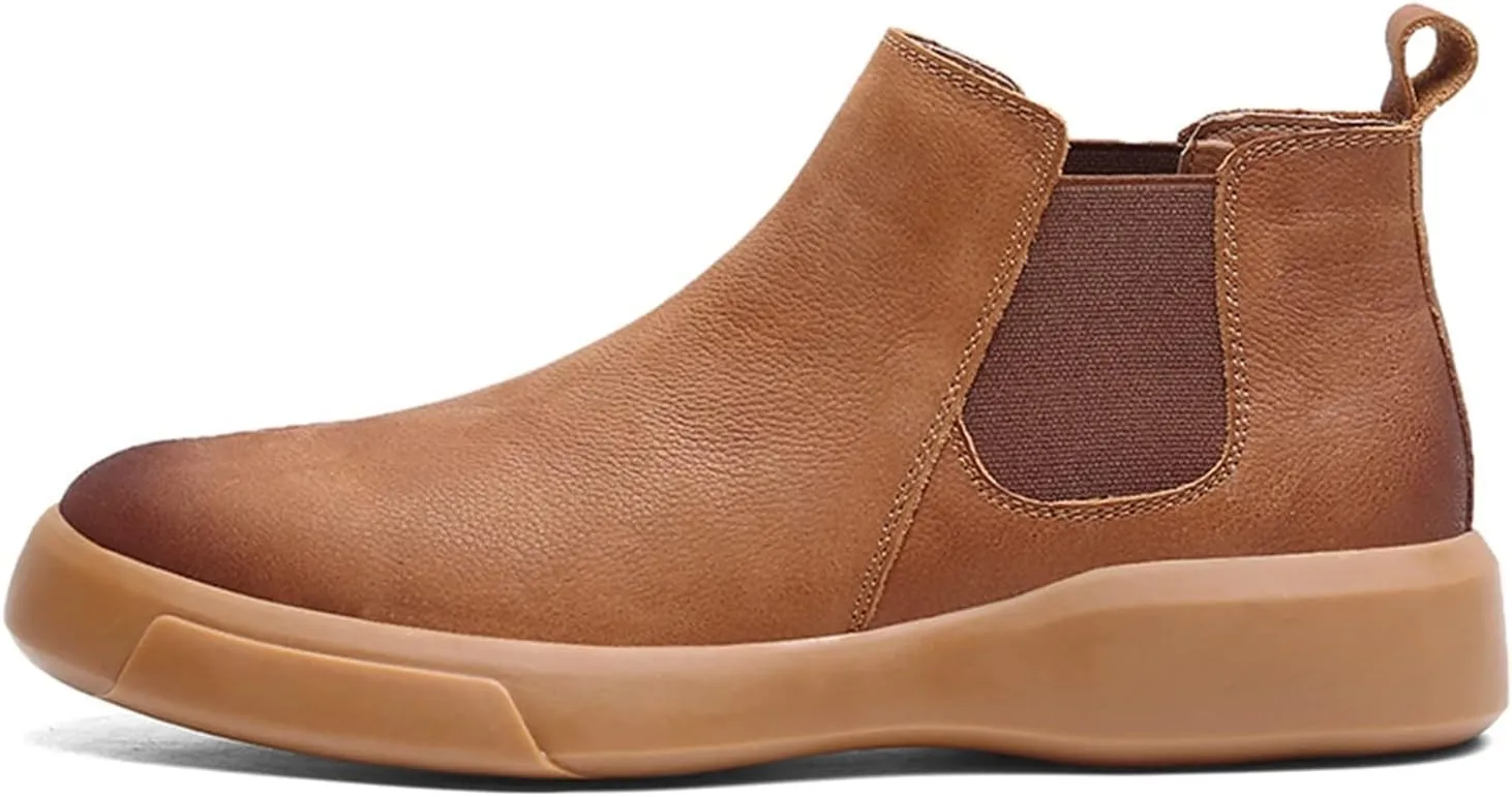 HOOENG Ankle Boots for Men Burnished Toe Elastic Bandage Cowhide Leather Non Slip Anti-Slip Wearable Waterproof Slip on Dress Formal