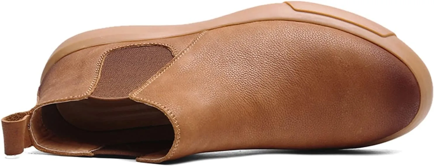 HOOENG Ankle Boots for Men Burnished Toe Elastic Bandage Cowhide Leather Non Slip Anti-Slip Wearable Waterproof Slip on Dress Formal