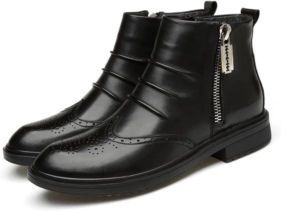 HOOENG Ankle Boots for Men Carved Brogue Win Tip Pleated Double Side Zip Cowhide Leather Slip on Wearable Non Slip Anti-Slip Waterproof Fashion Dress