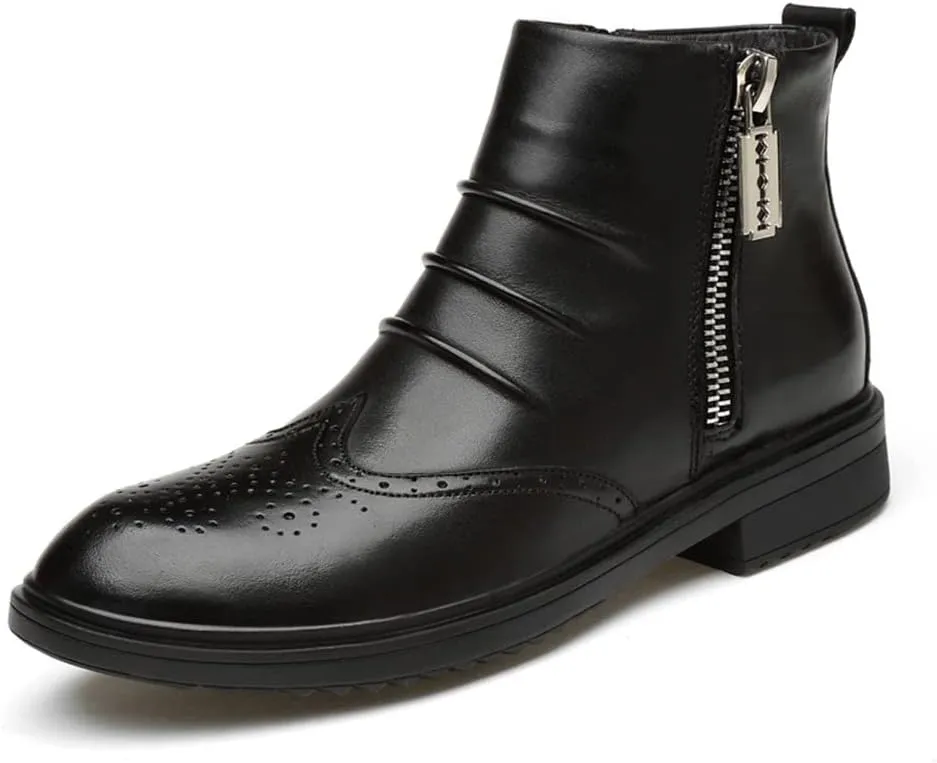 HOOENG Ankle Boots for Men Carved Brogue Win Tip Pleated Double Side Zip Cowhide Leather Slip on Wearable Non Slip Anti-Slip Waterproof Fashion Dress