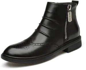 HOOENG Ankle Boots for Men Carved Brogue Win Tip Pleated Double Side Zip Cowhide Leather Slip on Wearable Non Slip Anti-Slip Waterproof Fashion Dress