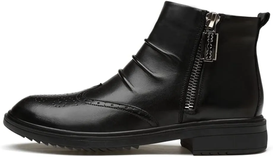 HOOENG Ankle Boots for Men Carved Brogue Win Tip Pleated Double Side Zip Cowhide Leather Slip on Wearable Non Slip Anti-Slip Waterproof Fashion Dress