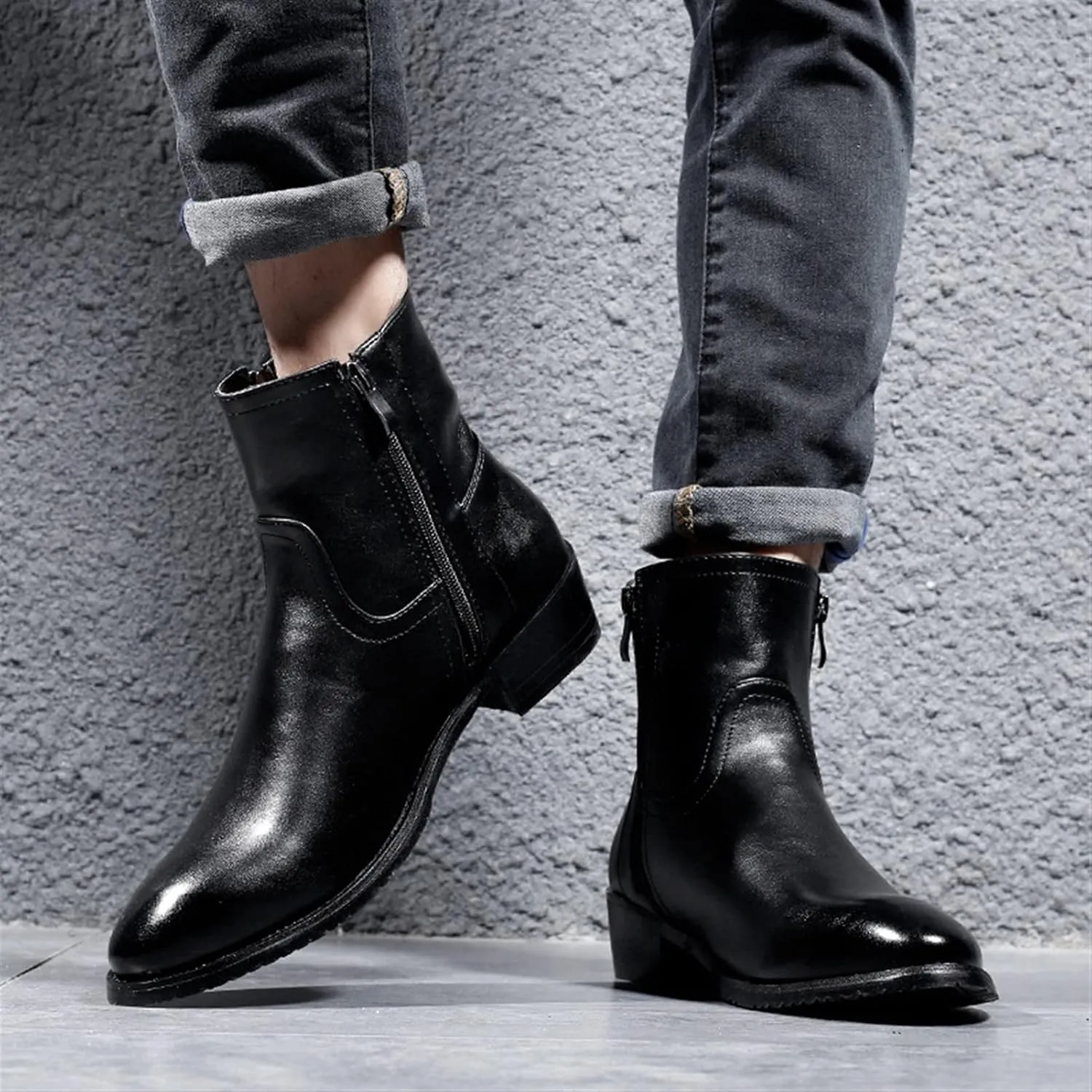 HOOENG Ankle Boots for Men Double Side Zip PU Waterproof Anti-Slip Non Slip Dress