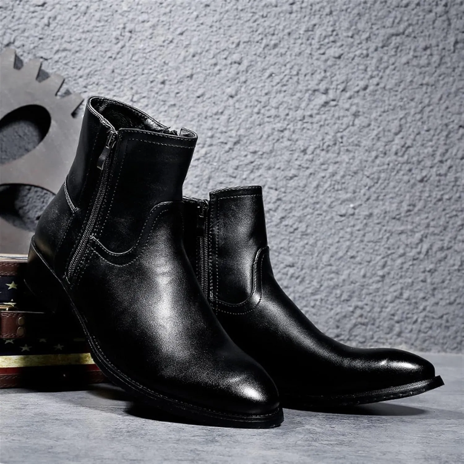 HOOENG Ankle Boots for Men Double Side Zip PU Waterproof Anti-Slip Non Slip Dress
