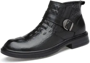 HOOENG Chelsea Boots for Men Crocodile Print with Buckle Genuine Leather Non Slip on Waterproof Wearable Anti-Slip Formal Dress (Color : Black Lined, Size : 6)