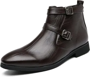 HOOENG Chelsea Boots for Men Duble Buckle Side Zip PU Non Slip Wearable Waterproof Slip on Dress Casual (Color : Brown, Size : 10)