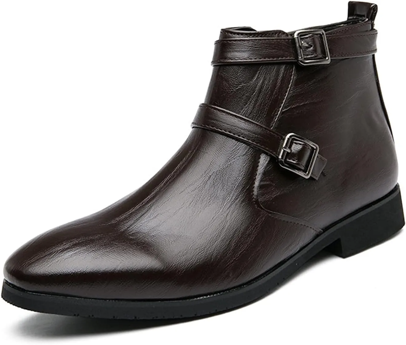 HOOENG Chelsea Boots for Men Duble Buckle Side Zip PU Non Slip Wearable Waterproof Slip on Dress Casual (Color : Brown, Size : 8)