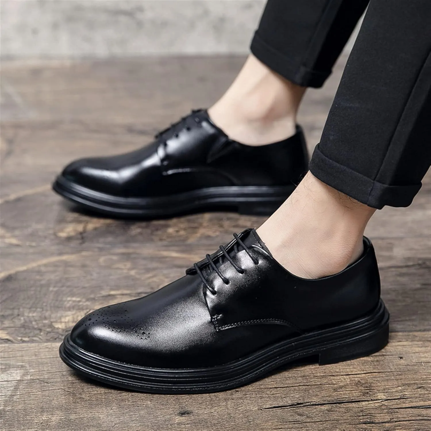 HOOENG Dress Oxford for Men Lace Up Burnished Round Toe Brogue Embossed Vegan Leather Resistant Non Slip Anti-Slip Classic
