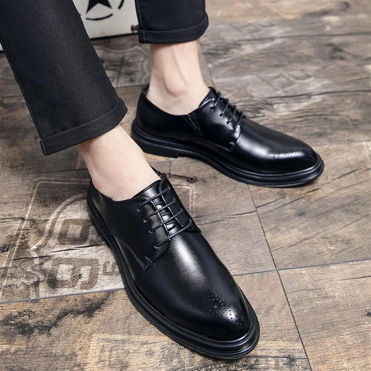 HOOENG Dress Oxford for Men Lace Up Burnished Round Toe Brogue Embossed Vegan Leather Resistant Non Slip Anti-Slip Classic