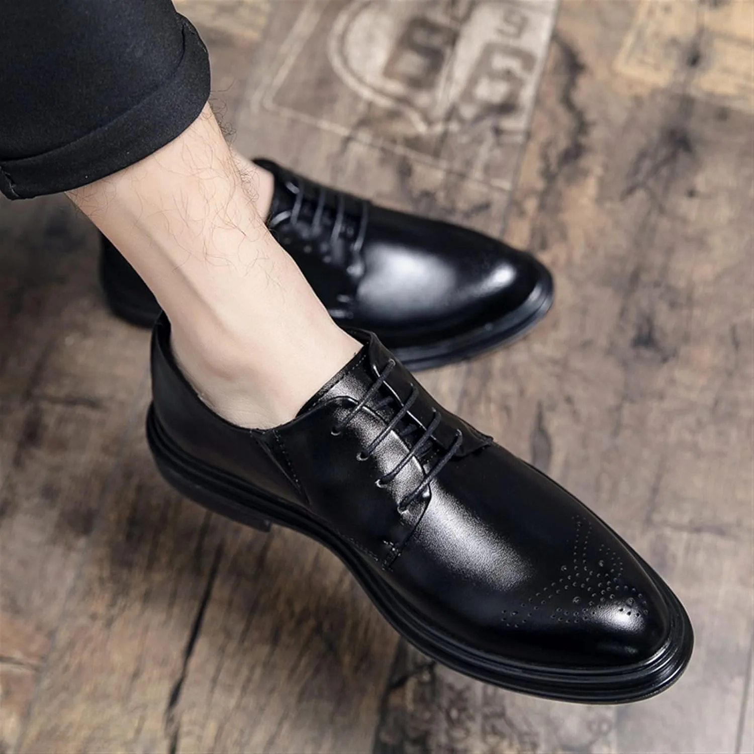 HOOENG Dress Oxford for Men Lace Up Burnished Round Toe Brogue Embossed Vegan Leather Resistant Non Slip Anti-Slip Classic