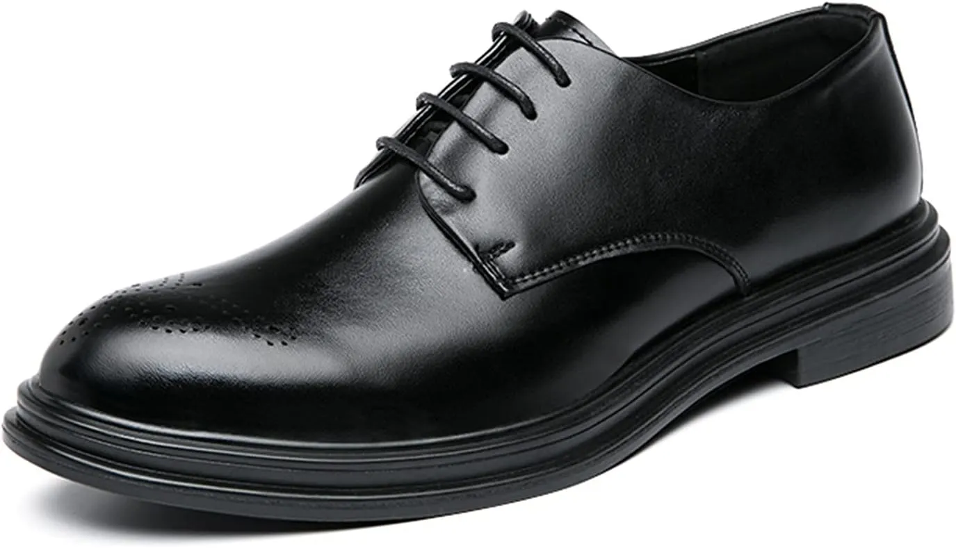 HOOENG Dress Oxford for Men Lace Up Burnished Round Toe Brogue Embossed Vegan Leather Resistant Non Slip Anti-Slip Classic
