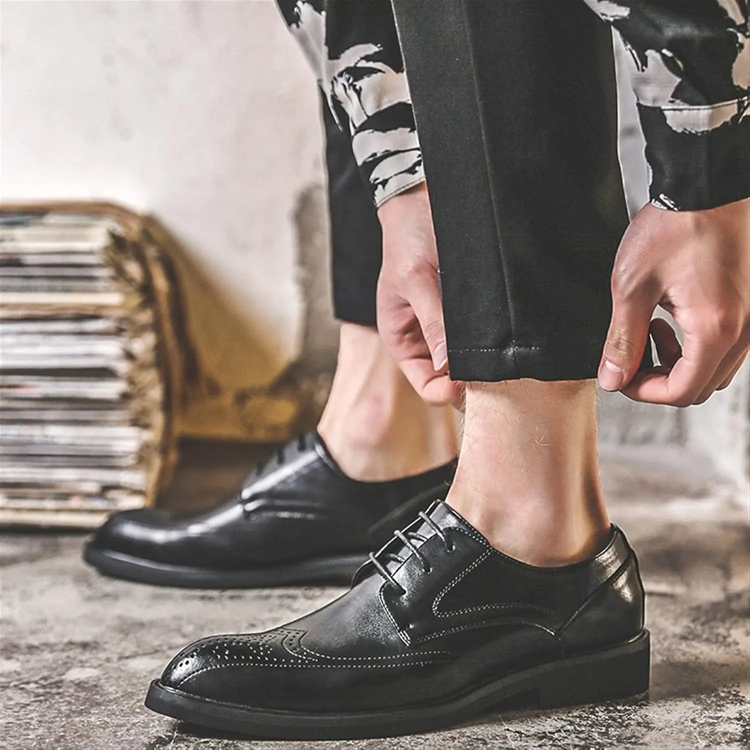 HOOENG Dress Oxford Shoes for Men Lace Up Wing Tip Brogue Embossed Pointed Toe Shoes Vegan Leather Block Heel Slip Resistant Low Top Anti-Slip Rubber Sole