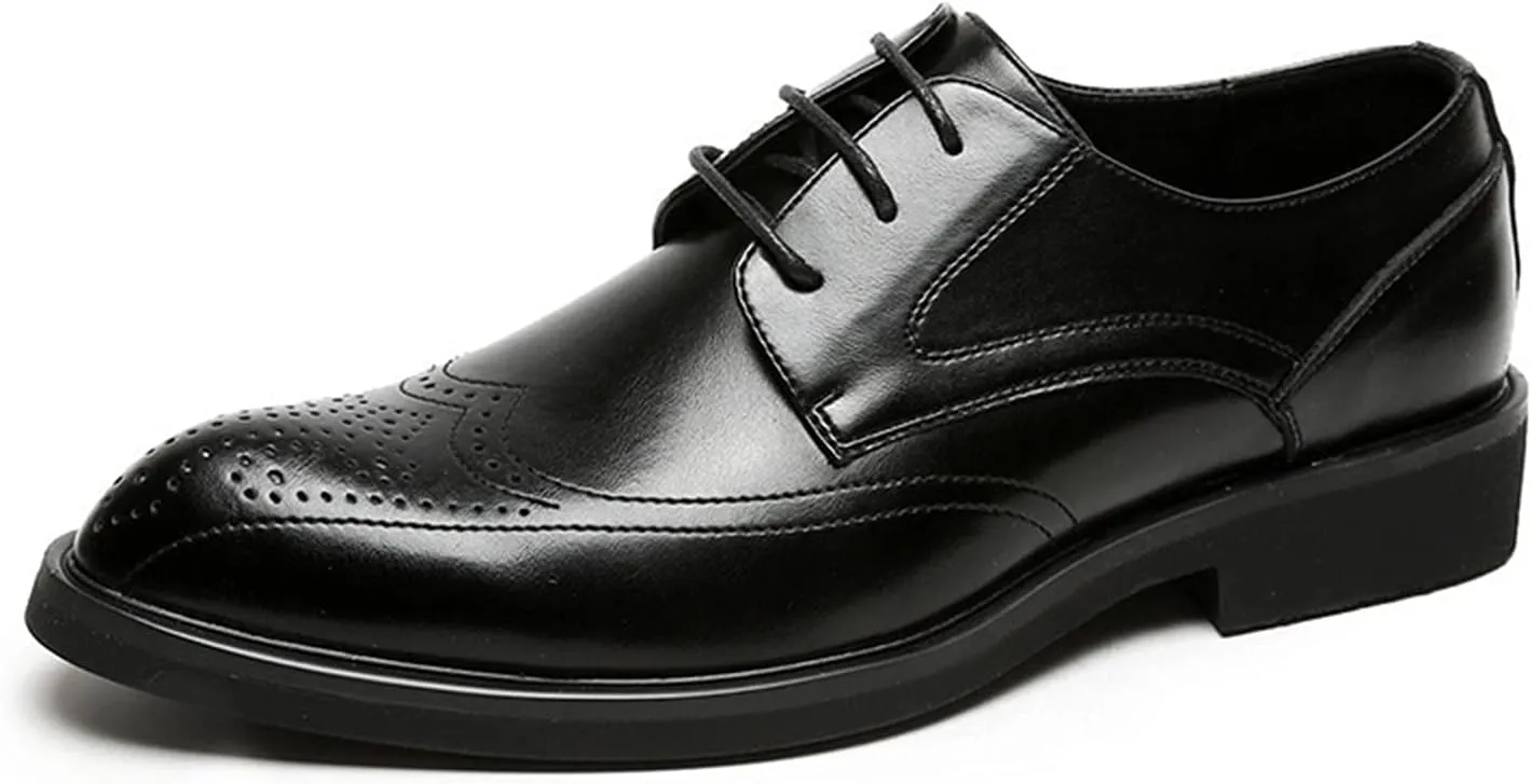 HOOENG Dress Oxford Shoes for Men Lace Up Wing Tip Brogue Embossed Pointed Toe Shoes Vegan Leather Block Heel Slip Resistant Low Top Anti-Slip Rubber Sole