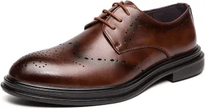 HOOENG Formal Shoes for Men Lace Up Round Burnished Toe Derby Shoes Vegan Leather Block Heel Slip Resistant Anti-Slip Low Top Non Slip Party (Color : Brown, Size : 10.5)