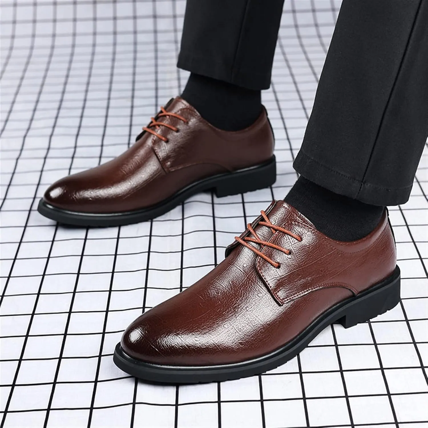 HOOENG Formal Shoes for Men Lace Up Round Burnished Toe Derby Shoes Vegan Leather Non Slip Low Top Slip Resistant Block Heel Prom