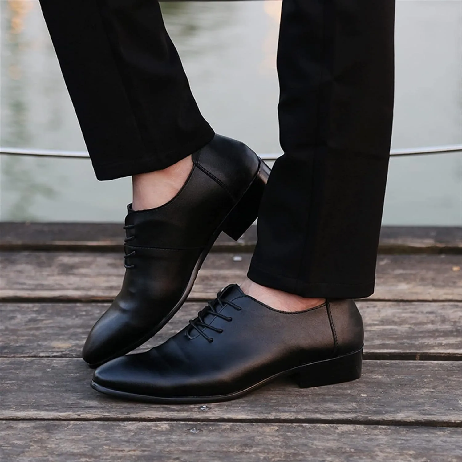 HOOENG Formal Shoes for Men Lace Up Round Toe Vegan Leather Block Heel Rubber Sole Anti-Slip Non Slip Low Top Classic