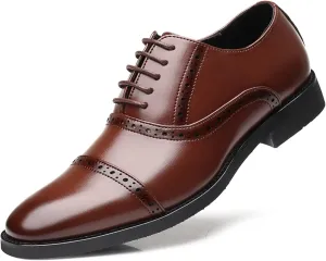 HOOENG Oxford Shoes for Men Lace Up Cap Toe Round Burnished Toe Vegan Leather Slip Resistant Anti-Slip Non Slip Block Heel Rubber Sole Classic (Color : Brown, Size : 11)