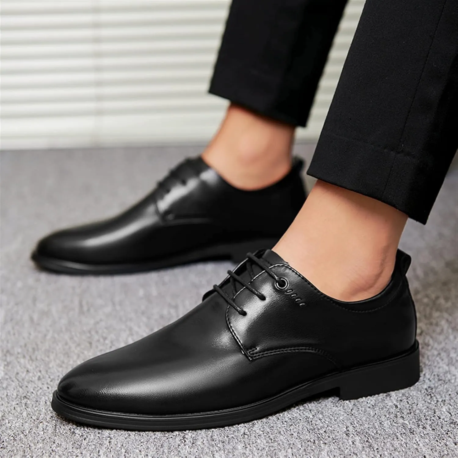 HOOENG Oxford Shoes for Men Lace Up Round Toe Derby Shoes Vegan Leather Rubber Sole Block Heel Low Top Non Slip Anti-Slip Classic