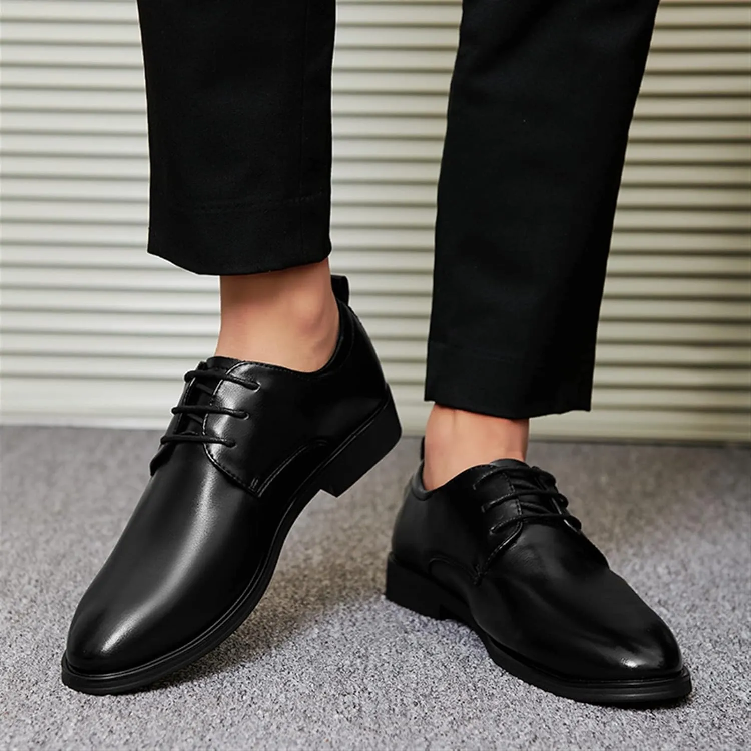 HOOENG Oxford Shoes for Men Lace Up Round Toe Derby Shoes Vegan Leather Rubber Sole Block Heel Low Top Non Slip Anti-Slip Classic