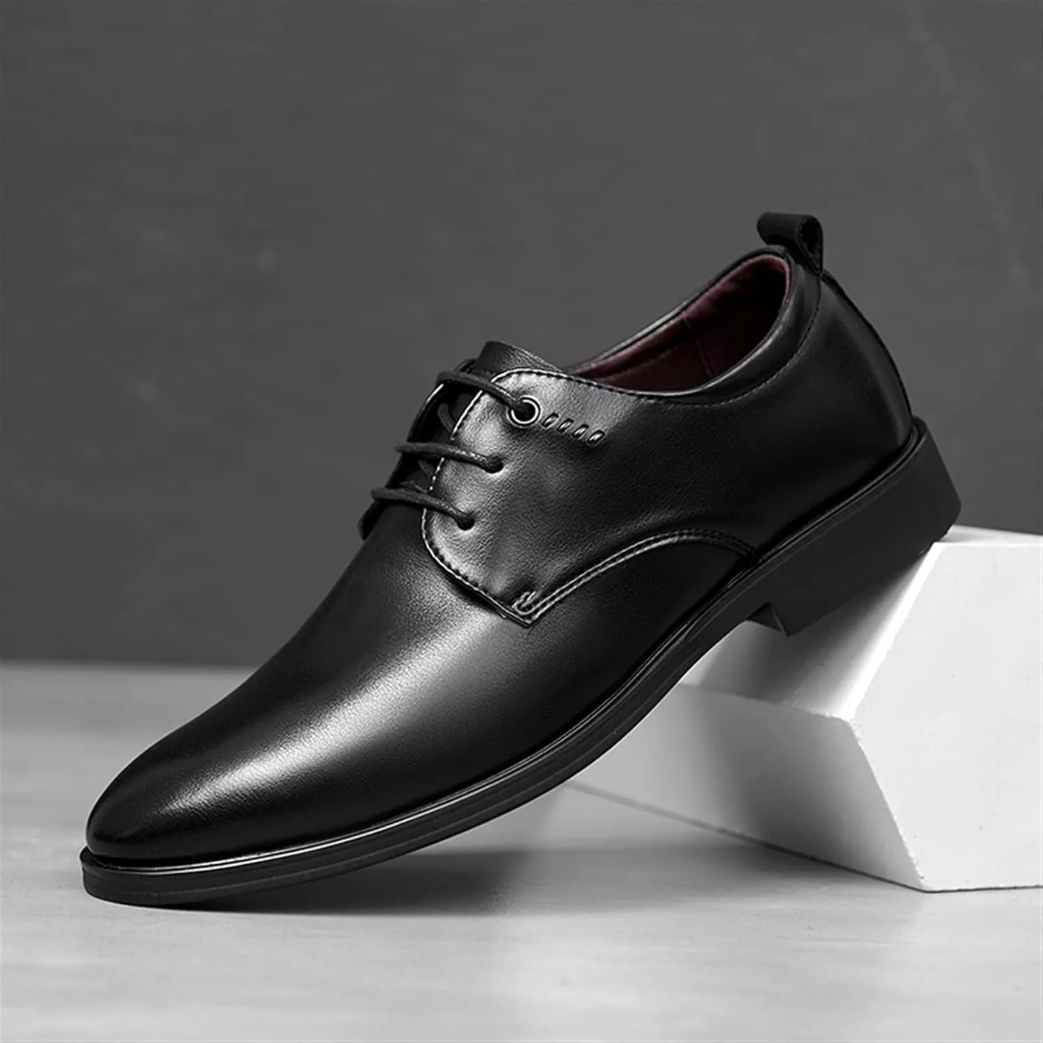 HOOENG Oxford Shoes for Men Lace Up Round Toe Derby Shoes Vegan Leather Rubber Sole Block Heel Low Top Non Slip Anti-Slip Classic