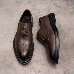 HOOENG Oxford Shoes for Men Lace Up Wing Tip Brogue Burnished Toe Shoes Vegan Leather Slip Resistant Block Heel Rubber Sole Low Top Wedding (Color : Brown, Size : 6)