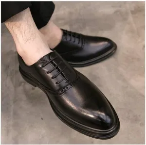 HOOENG Oxford Shoes for Men Lace Up Wing Tip Brogue Burnished Toe Shoes Vegan Leather Slip Resistant Block Heel Rubber Sole Low Top Wedding (Color : Glossy Black, Size : 7.5)