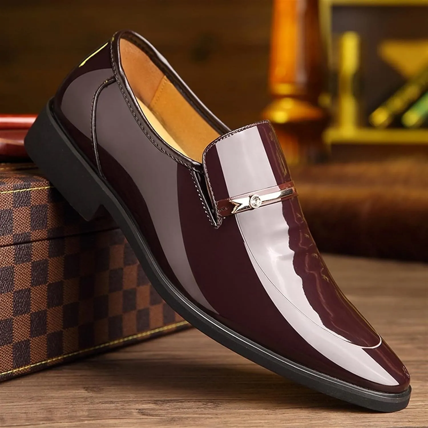 HOOENG Oxford Shoes for Men Slip On Round Toe Shiny Vegan Leather Rubber Sole Low Top Slip Resistant Walking