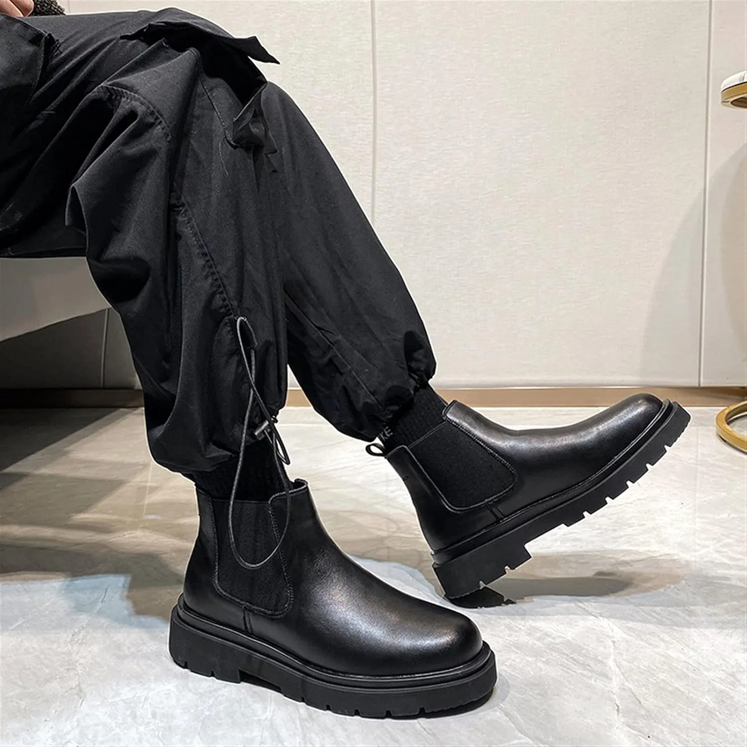 HOOENG Round Toe Ankle Boots for Men Block Heel Elastic Bandage Genuine Leather Non Slip Waterproof Anti-Slip Dress Formal