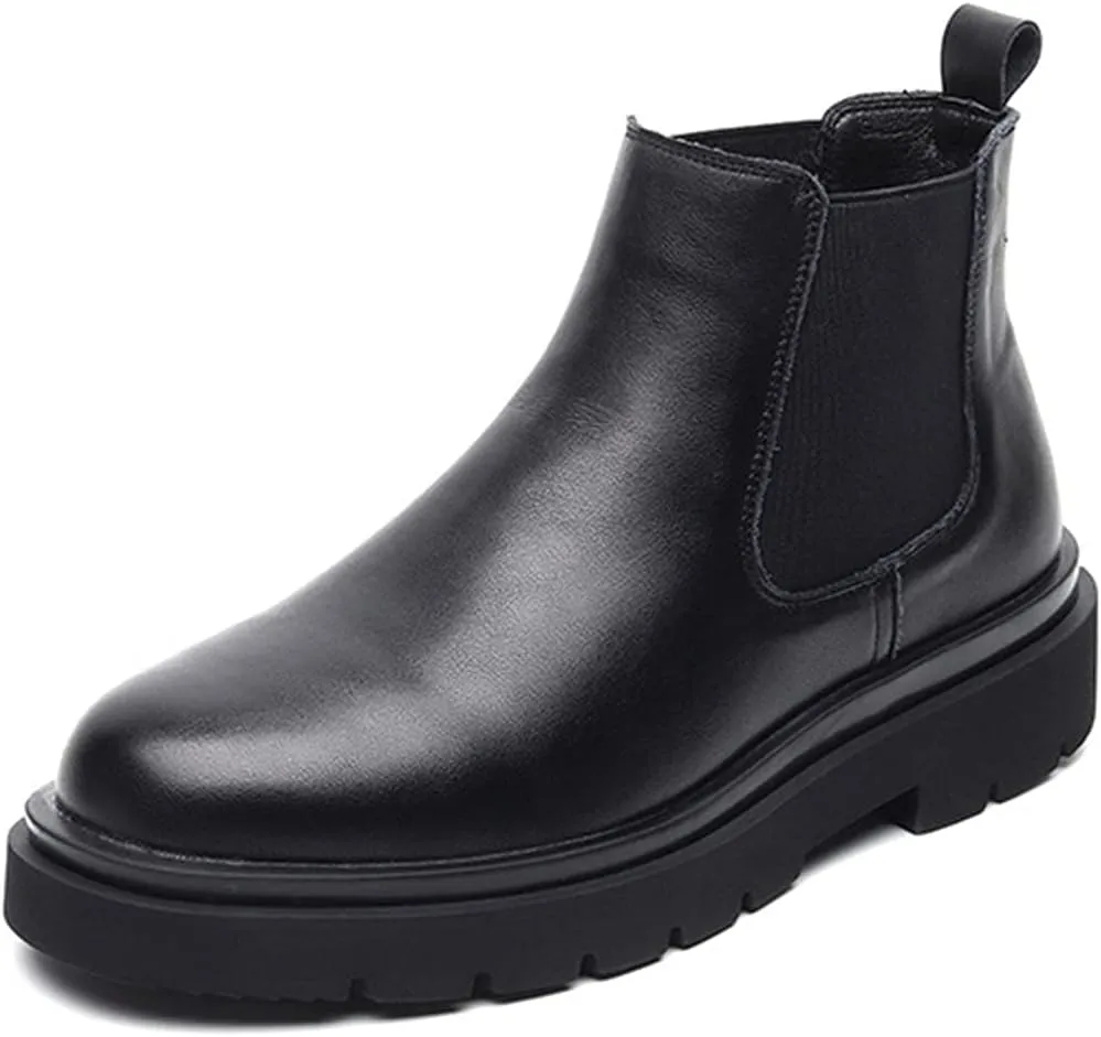 HOOENG Round Toe Ankle Boots for Men Block Heel Elastic Bandage Genuine Leather Non Slip Waterproof Anti-Slip Dress Formal