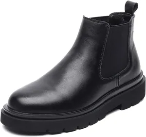 HOOENG Round Toe Ankle Boots for Men Block Heel Elastic Bandage Genuine Leather Non Slip Waterproof Anti-Slip Dress Formal