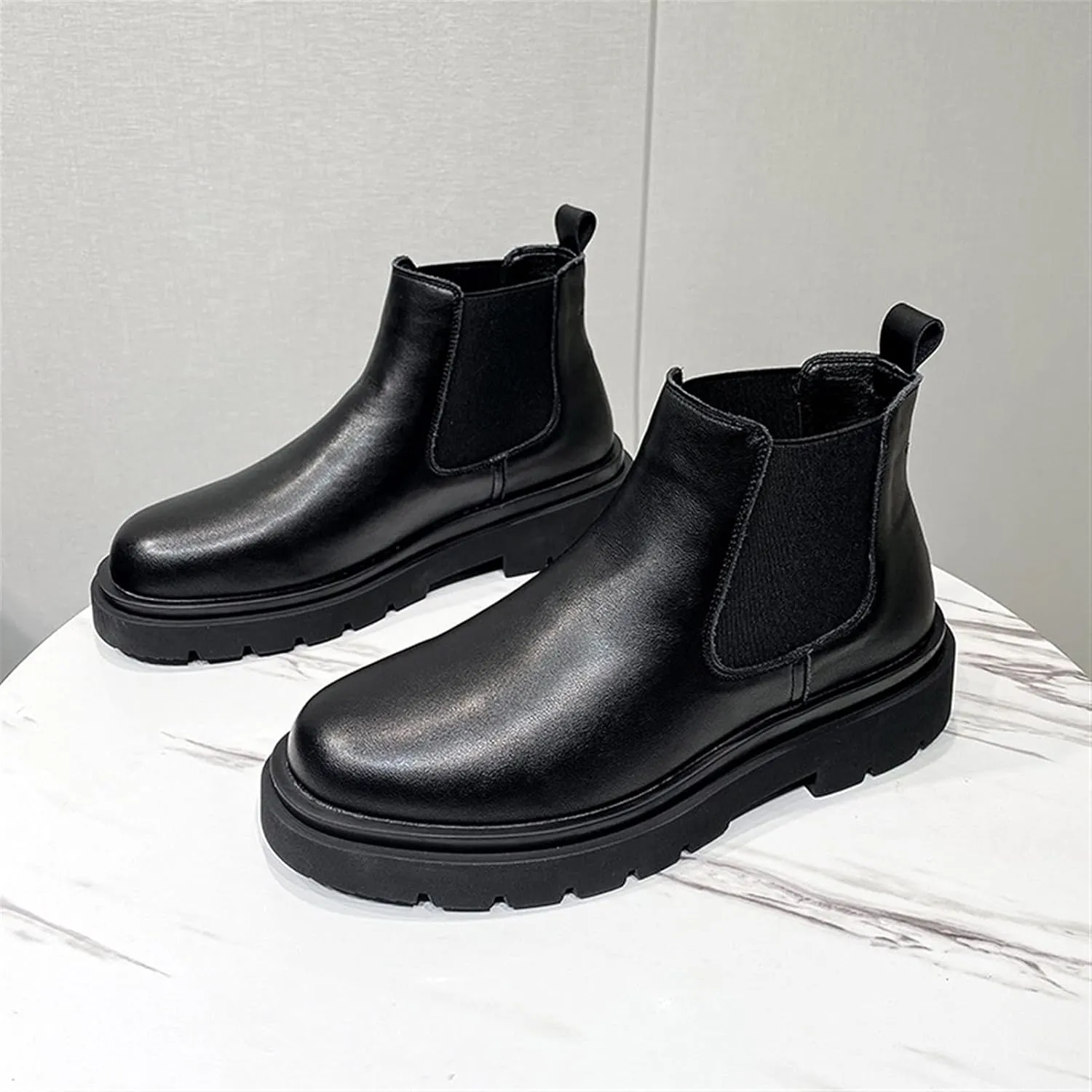 HOOENG Round Toe Ankle Boots for Men Block Heel Elastic Bandage Genuine Leather Non Slip Waterproof Anti-Slip Dress Formal