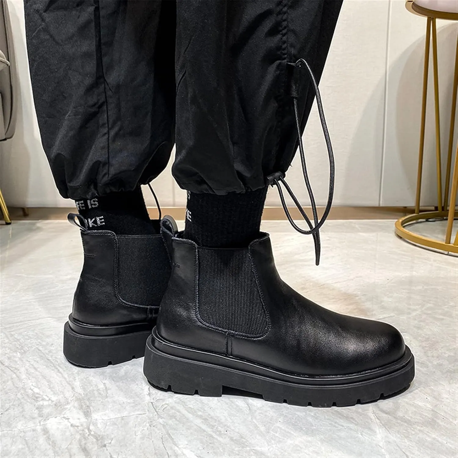 HOOENG Round Toe Ankle Boots for Men Block Heel Elastic Bandage Genuine Leather Non Slip Waterproof Anti-Slip Dress Formal