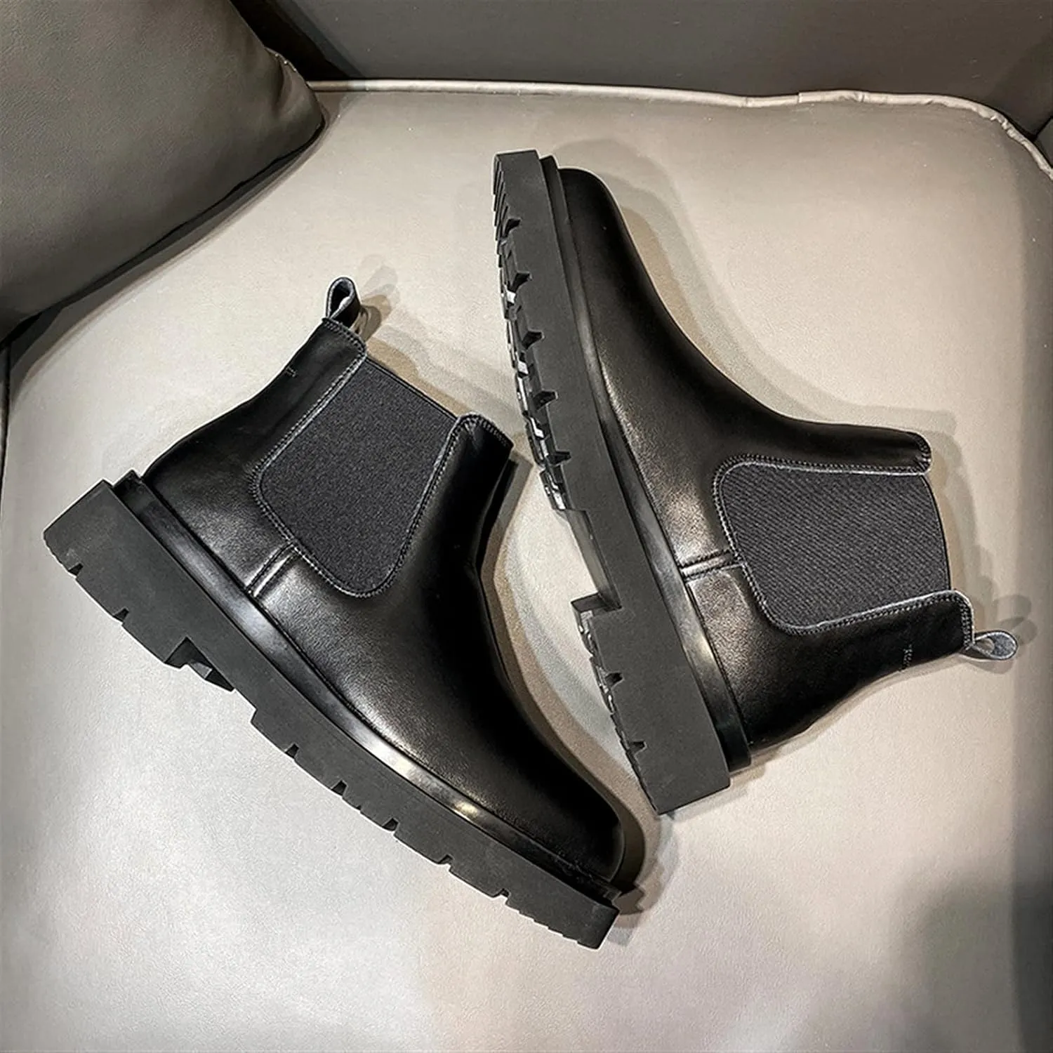 HOOENG Round Toe Ankle Boots for Men Block Heel Elastic Bandage Genuine Leather Non Slip Waterproof Anti-Slip Dress Formal