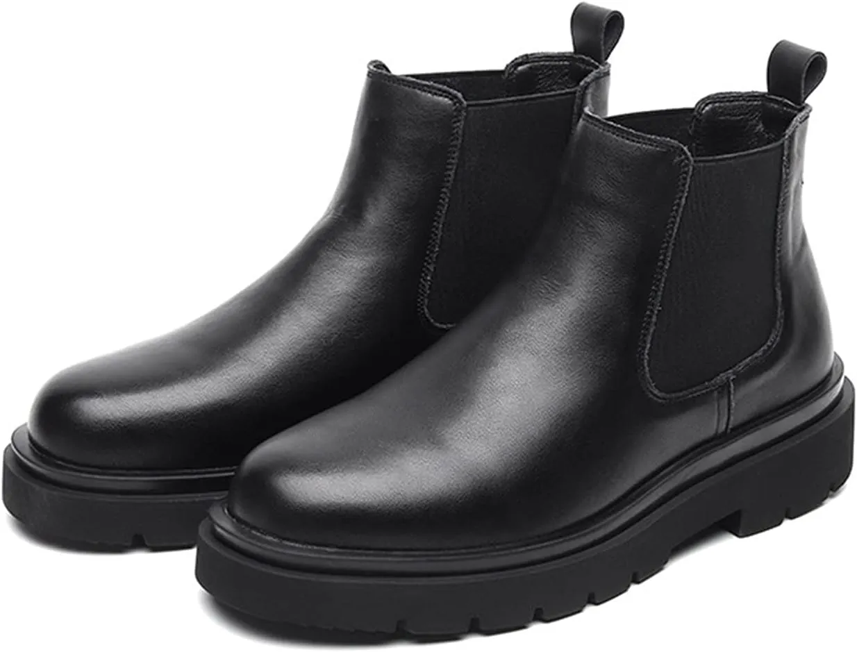 HOOENG Round Toe Ankle Boots for Men Block Heel Elastic Bandage Genuine Leather Non Slip Waterproof Anti-Slip Dress Formal
