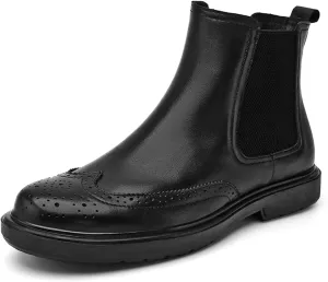 HOOENG Round Toe Ankle Boots for Men Carved Brogue Win Tip Elastic Bandage Cowhide Leather Anti-Slip Non Slip Wearable Slip on Waterproof Dress (Color : Black, Size : 10)
